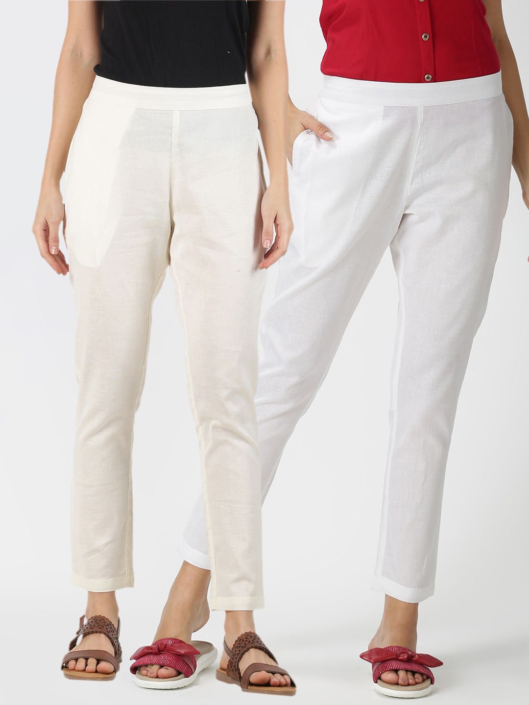 Saffron Threads Women Pack of 2 White & Off White Cotton Flax Trousers
