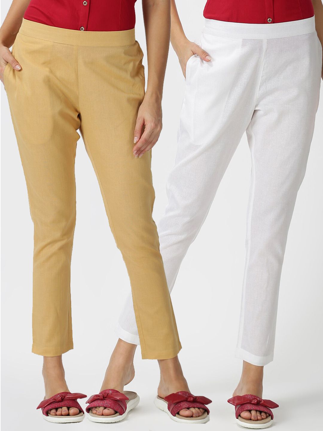 Saffron Threads Women Pack of 2 White & Beige Cotton Flax Trousers Price in India