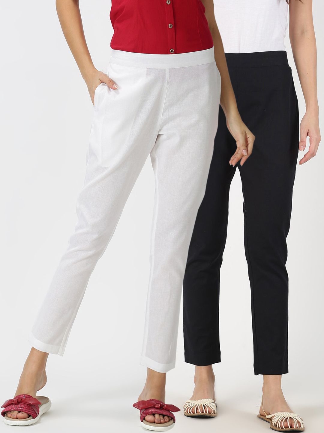 Saffron Threads Women Pack of 2 White & Black Cotton Flax Trousers Price in India