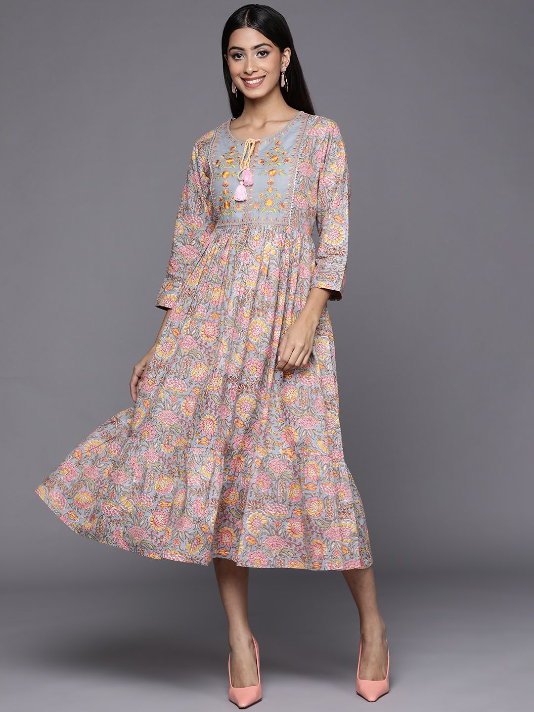 Indo Era Woman Floral Ethnic A-Line Midi Dress Price in India