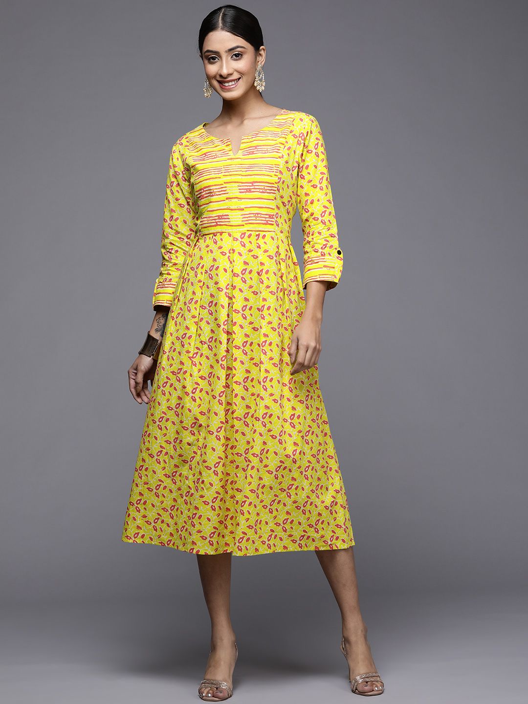 Indo Era Yellow A-Line Flared Printed Midi Ethnic  Dress Price in India