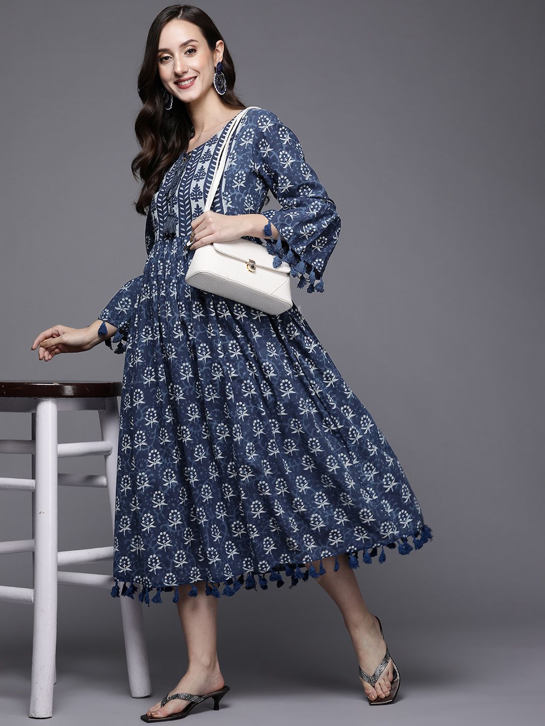 Indo Era Navy Blue Printed Flared A-Line Midi Ethnic Dress Price in India