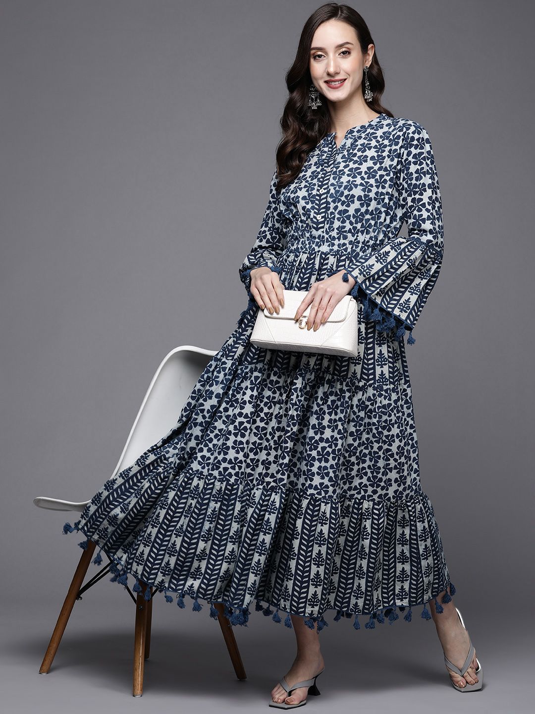 Indo Era Navy Blue Printed Flared A-Line Midi Ethnic Dress Price in India
