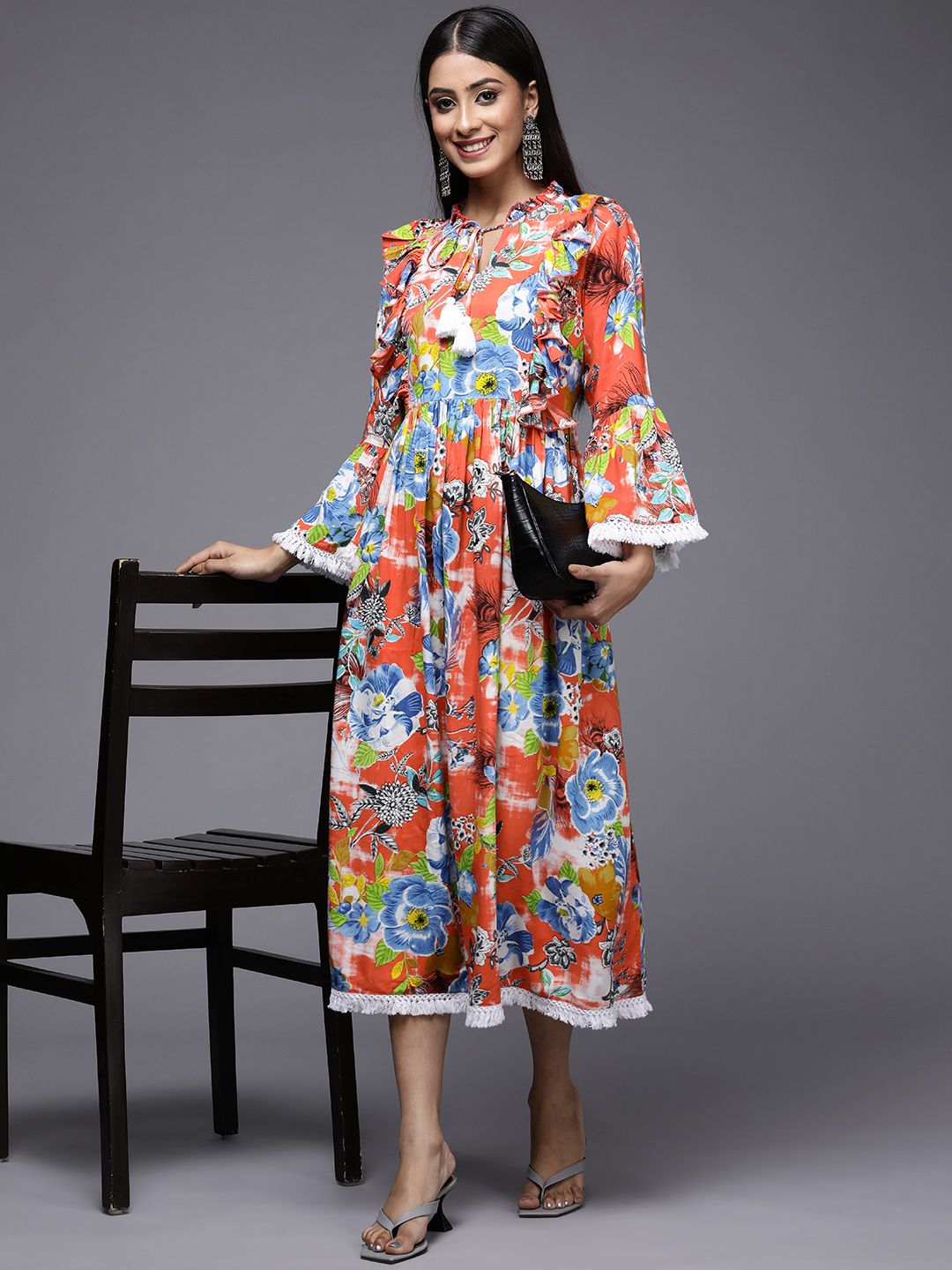 Indo Era Orange & Blue Floral Tie-Up Neck A-Line Midi Dress Price in India