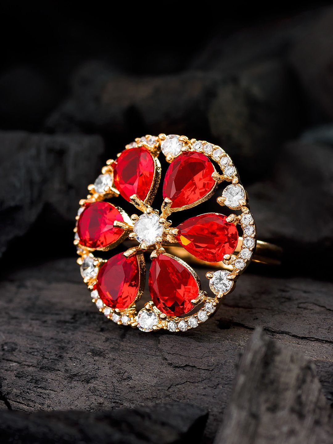 aadita  Gold-Plated and Red Stone-Studded Floral Ring Price in India