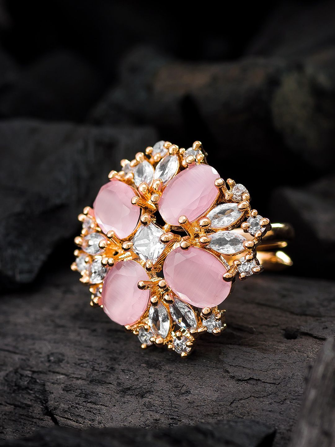 aadita Pink & White Gold-Plated Floral Adjustable Finger Ring Price in India