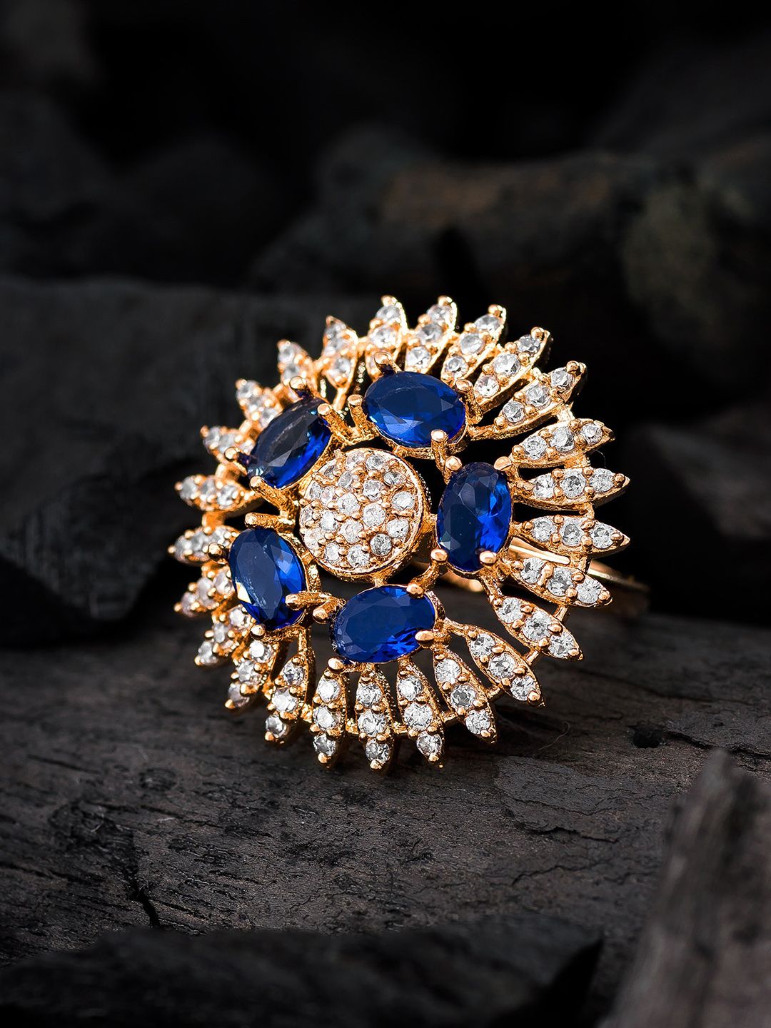 aadita Gold-Plated Rose-Gold Toned White & Blue AD-Studded Adjustable Finger Ring Price in India