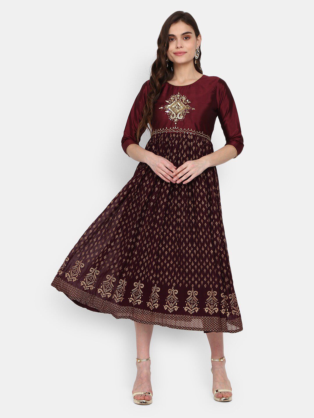 V-Mart Red & Gold-Toned Ethnic Printed Embroidered Cotton Ethnic Fit & Flare Midi Dress Price in India