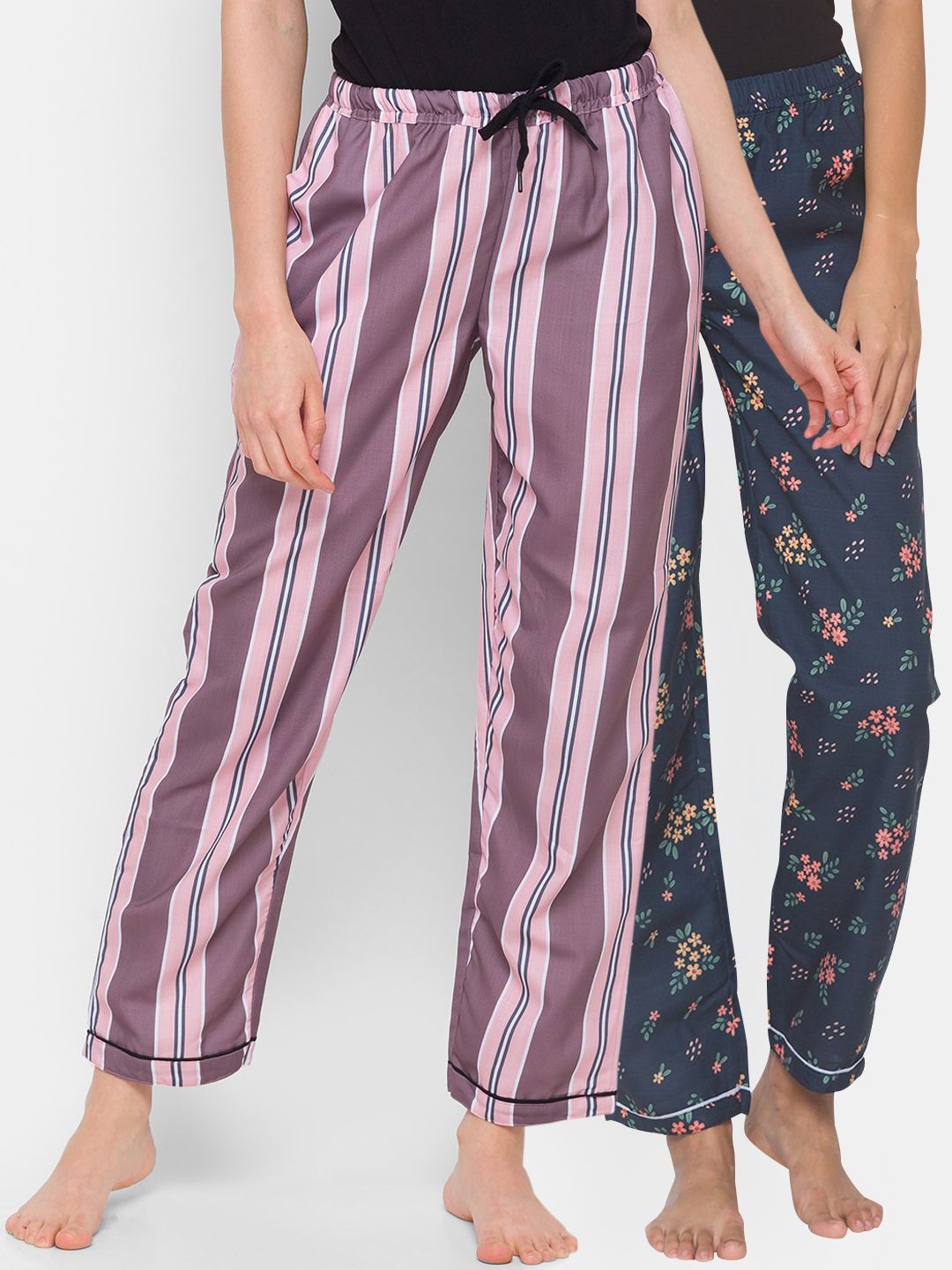 FashionRack Women Pack of 2 Pink & Navy Blue Bouquet Stripes Printed Cotton Lounge Pants Price in India