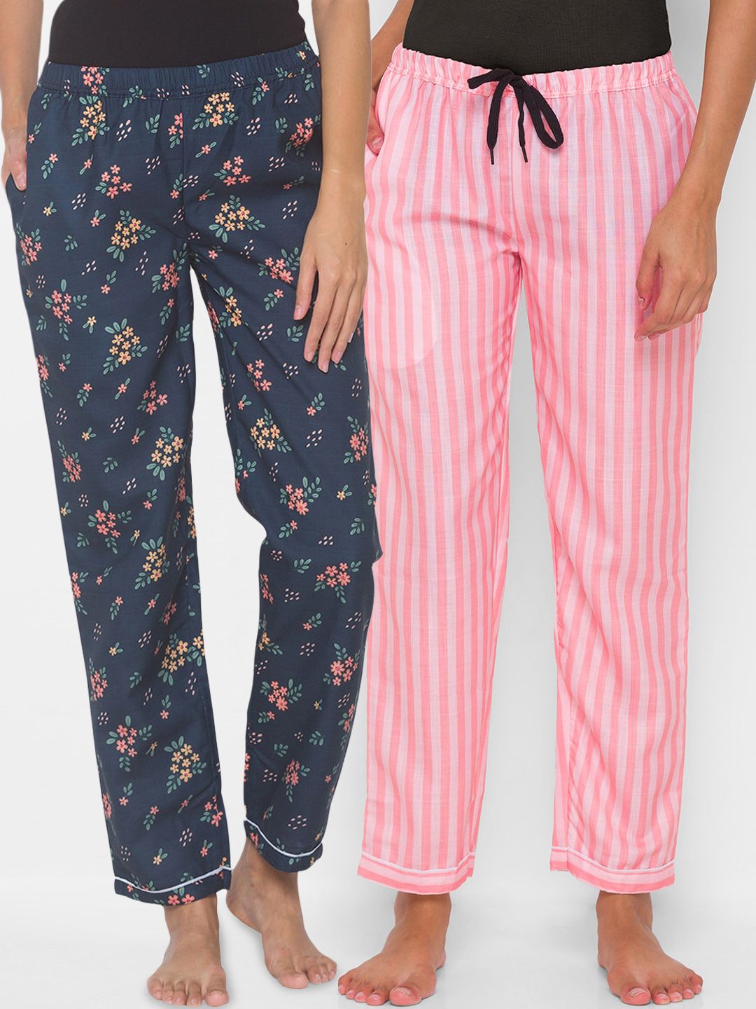 FashionRack Women Pack of 2 Pink & Navy Blue Cotton Lounge Pants Price in India