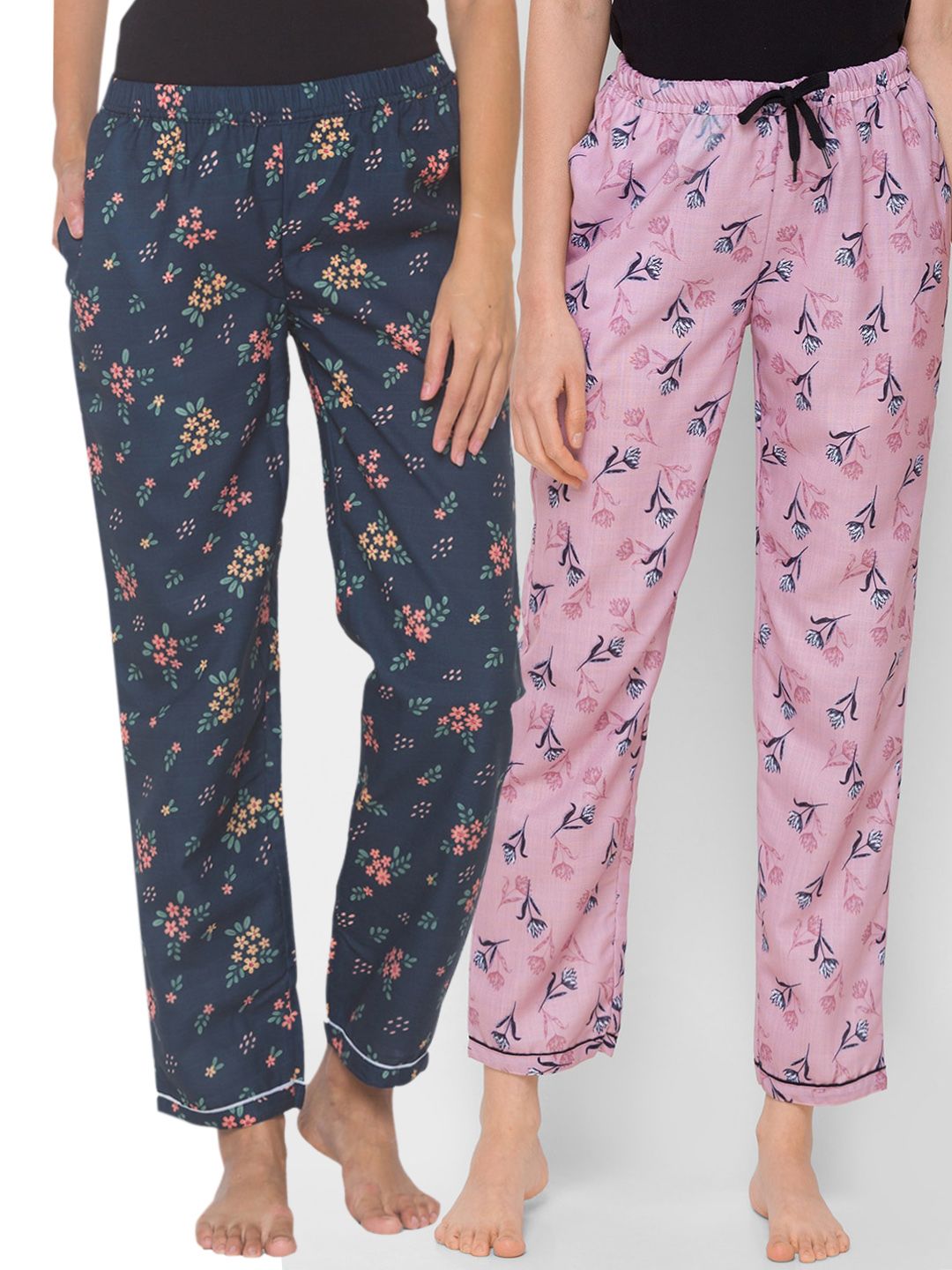 FashionRack Women Pack of 2 Navy Blue & Pink Printed Lounge Pants Price in India