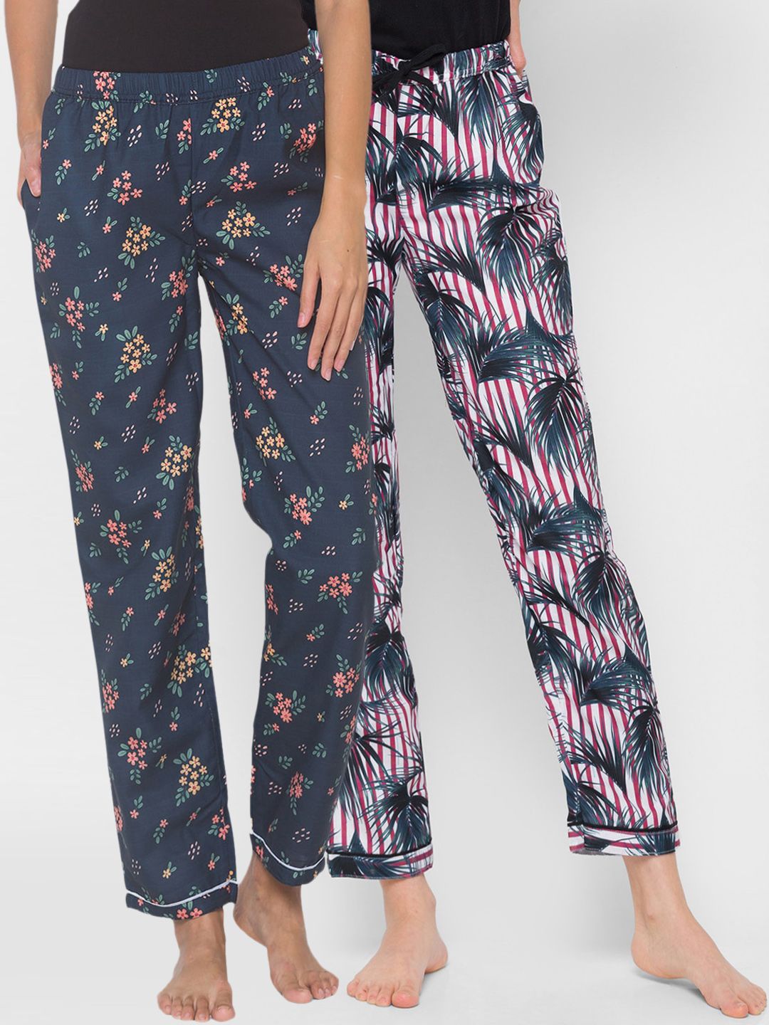 FashionRack Women Pack of 2 Navy Blue & Red Printed Cotton Lounge Pants Price in India