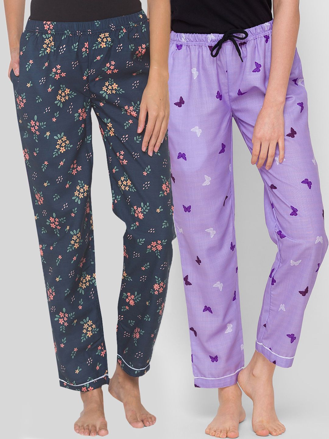 FashionRack Women Pack of 2 Navy Blue & Purple Printed Lounge Pants Price in India