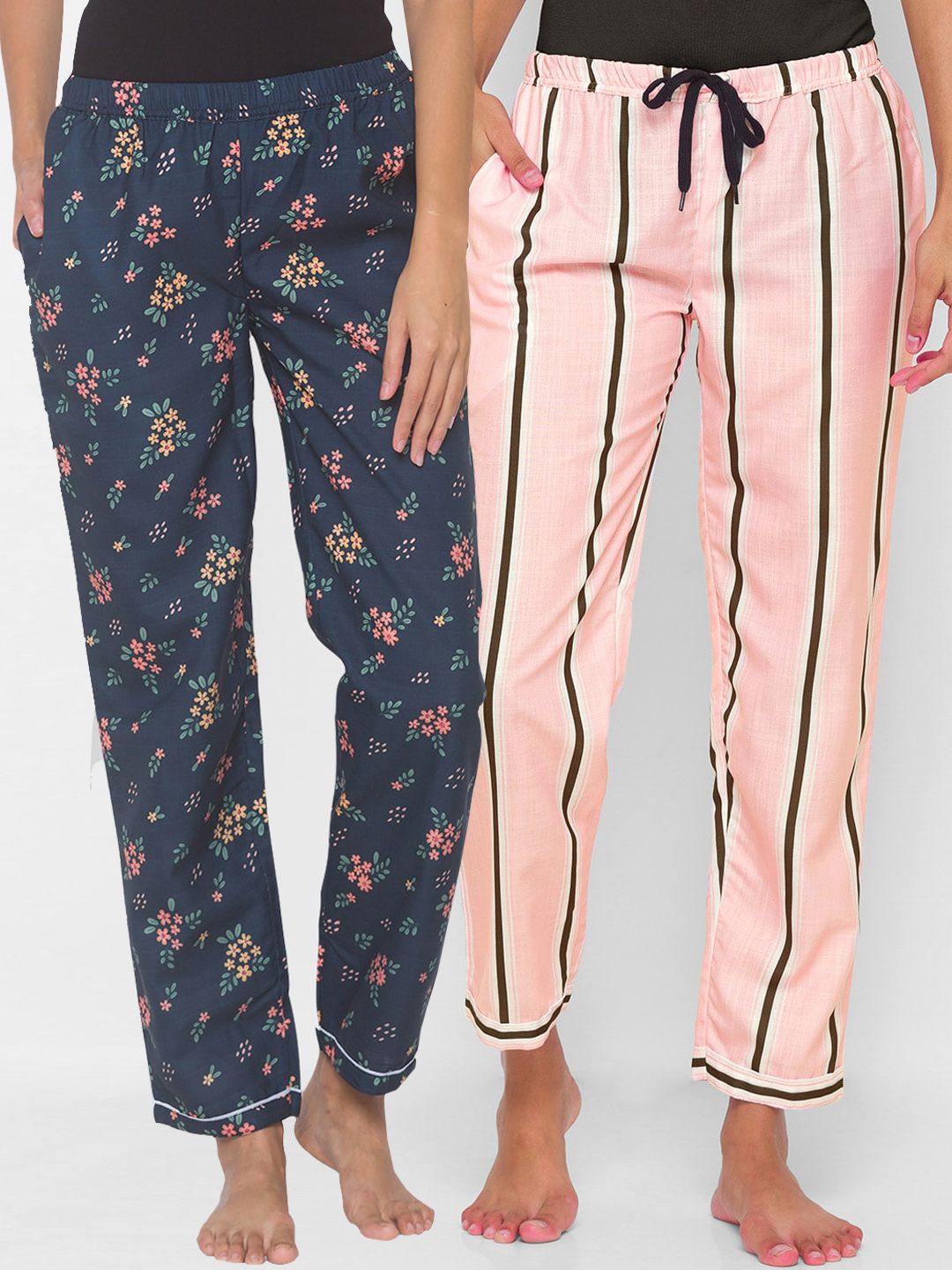 FashionRack Women Pack of 2 Navy Blue & Pink Printed Lounge Pants Price in India