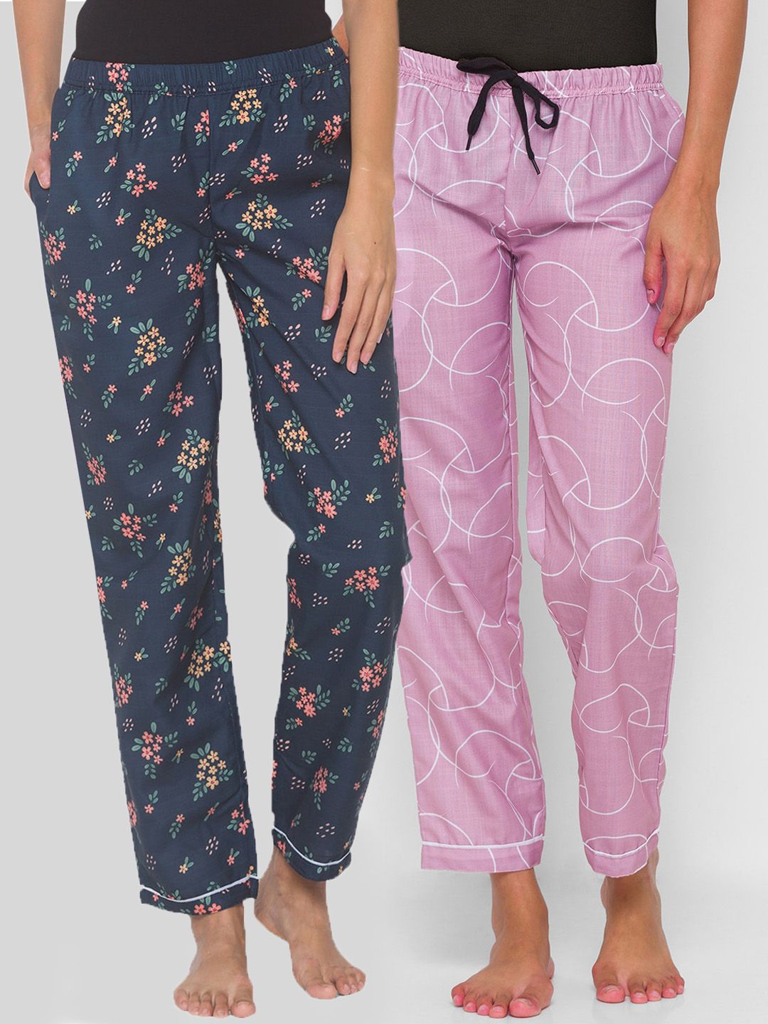 FashionRack Woemn Pack of 2 Navy Blue & Pink Printed Lounge Pants Price in India