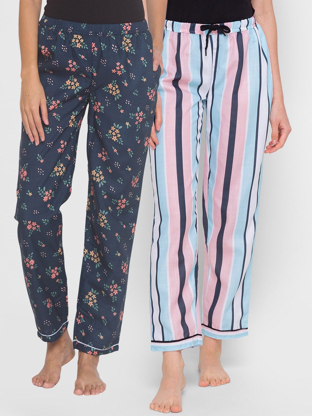 FashionRack Women Pack of 2 Navy Blue & Pink Printed Lounge Pants Price in India