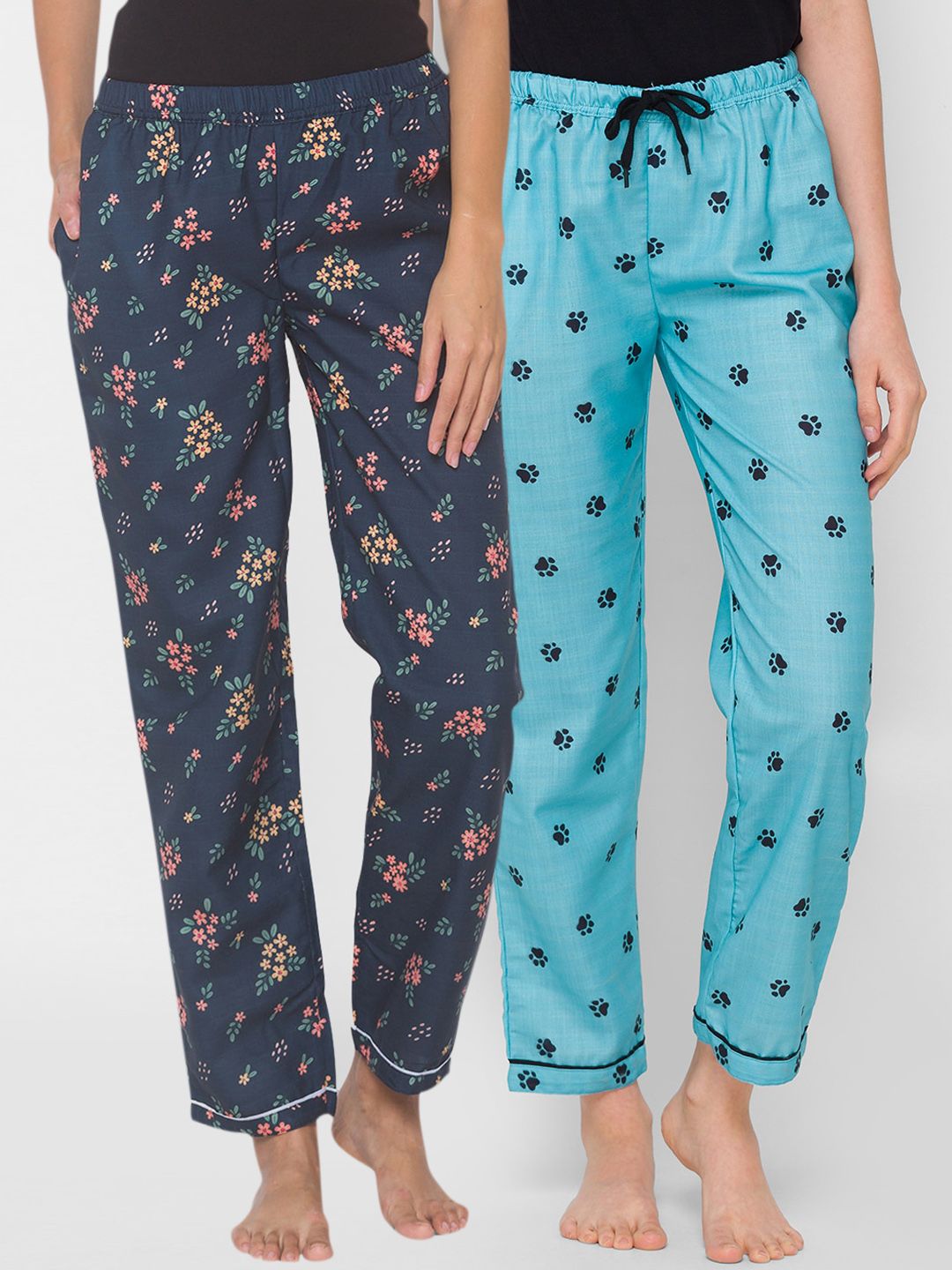 FashionRack Women Pack Of 2 Navy Blue & Peach Printed Lounge Pants Price in India