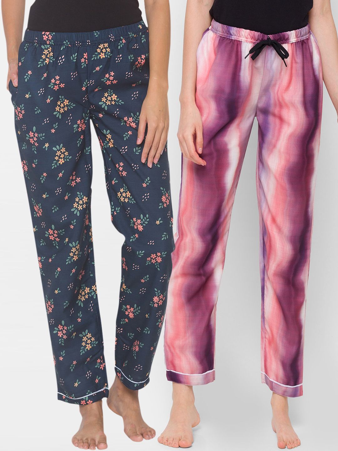 FashionRack Women Pack of 2 Navy Blue & Purple Printed Cotton Lounge Pants Price in India