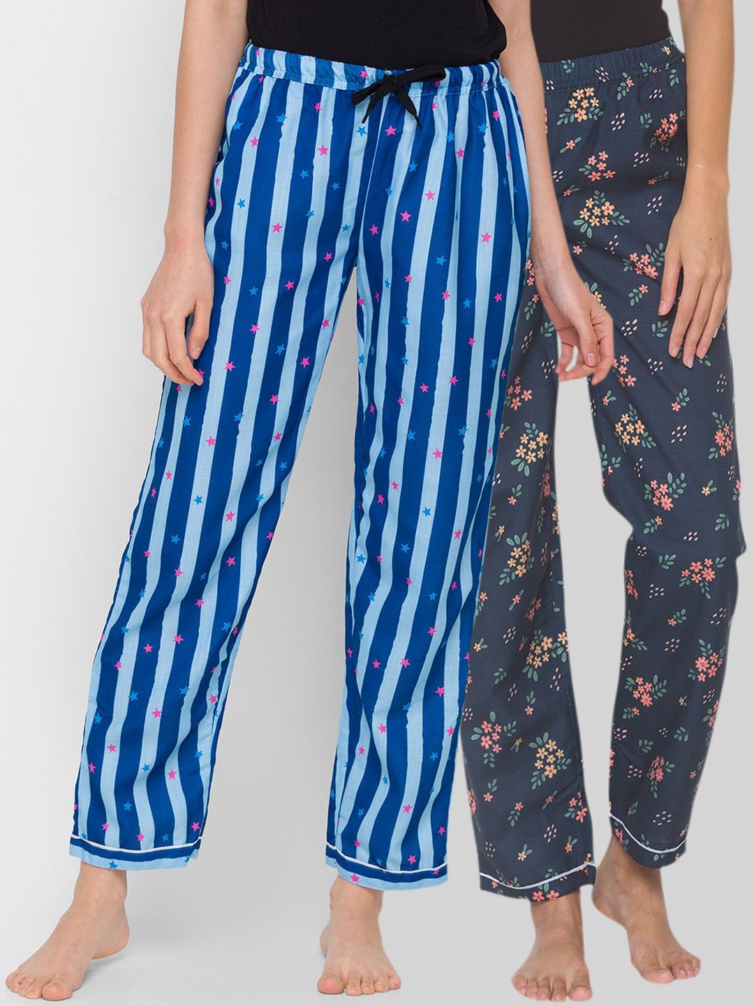 FashionRack Women Pack Of 2 Navy Blue & Peach Printed Lounge Pants Price in India