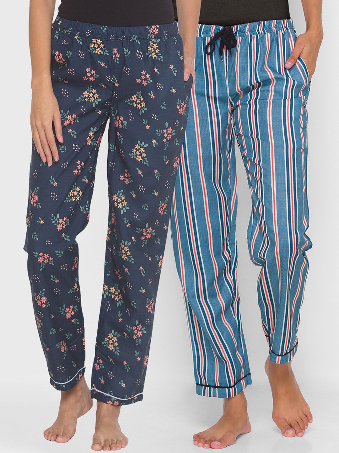 FashionRack Women Pack of 2 Green & Blue Cotton Lounge Pants Price in India