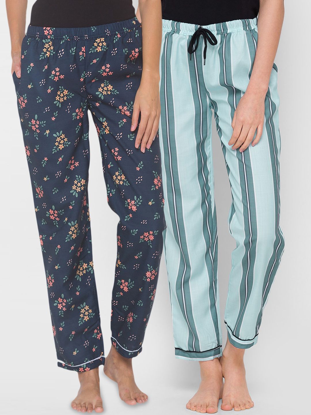 FashionRack Women Pack of 2 Navy Blue & Green Printed Lounge Pants Price in India