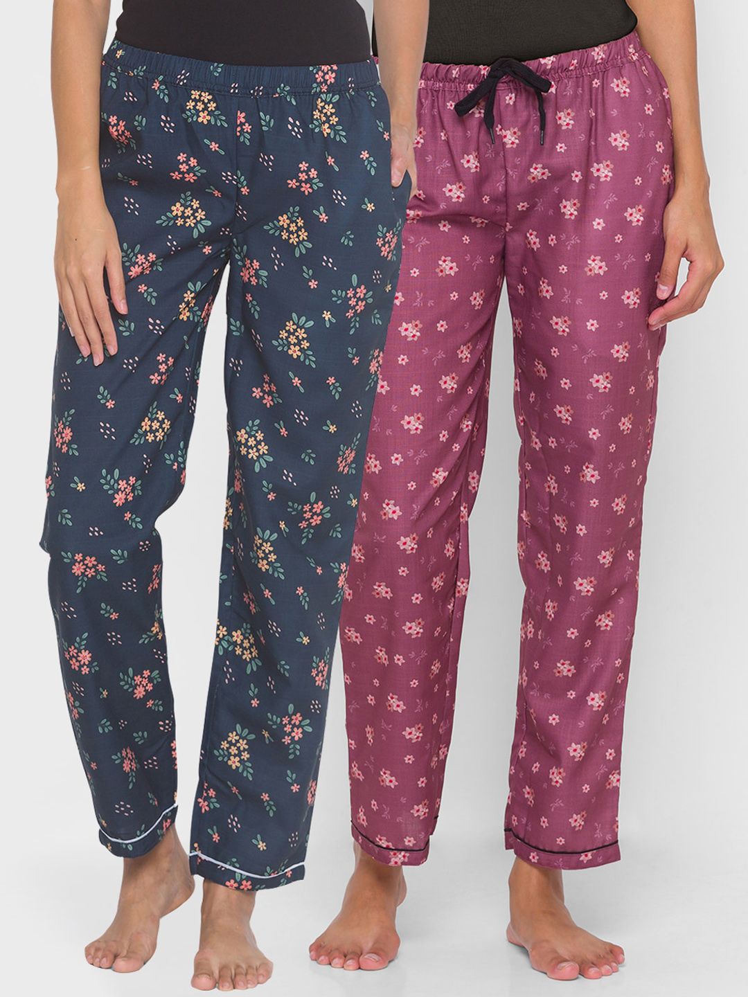 FashionRack Women Pack of 2 Navy Blue & Purple Printed Cotton Lounge Pants Price in India