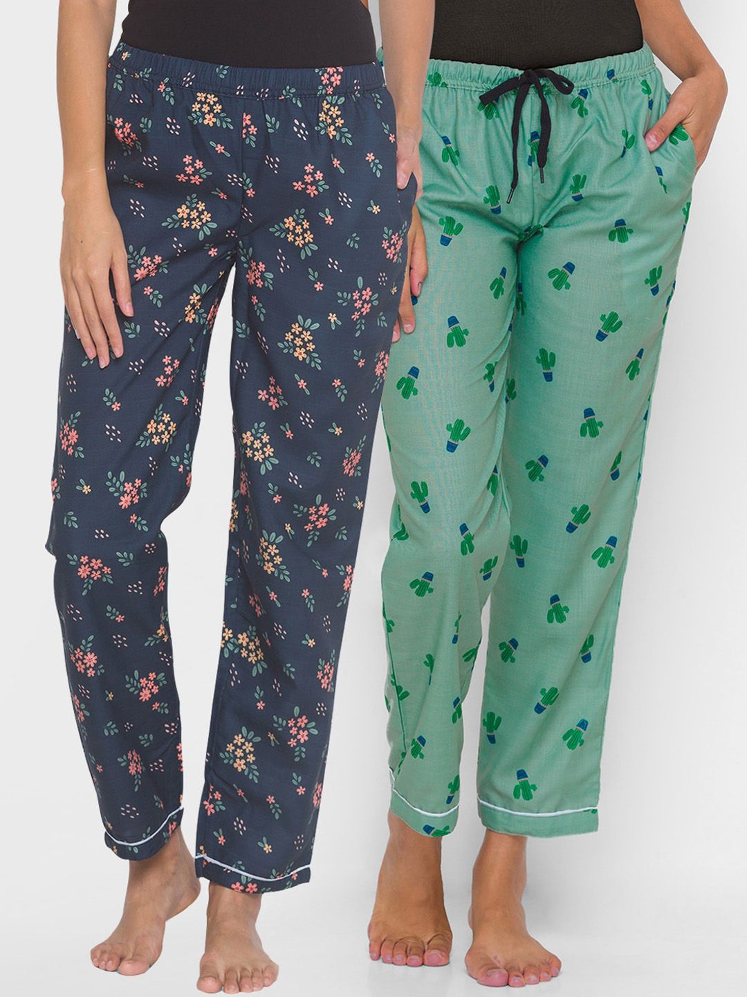 FashionRack Women Pack of 2 Navy Blue & Green Printed Lounge Pants Price in India