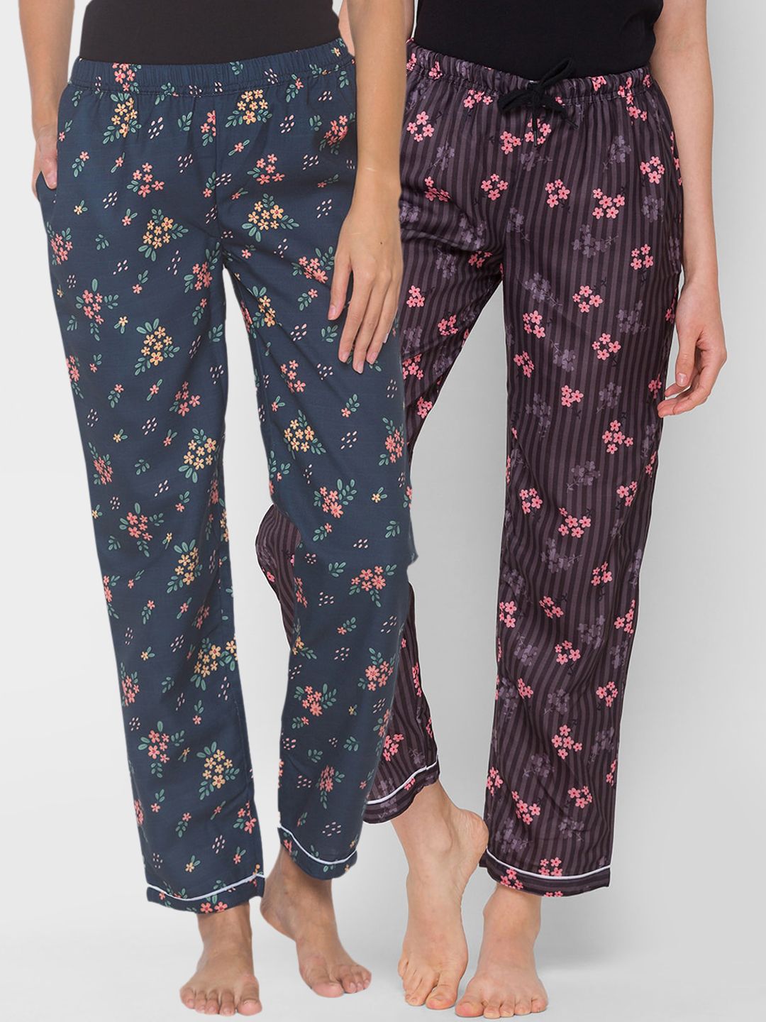 FashionRack Women Pack of 2 Navy Blue & Brown Printed Lounge Pants Price in India