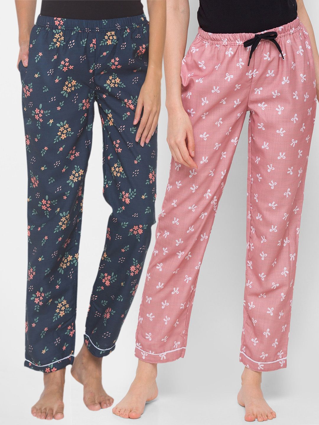 FashionRack Women Pack of 2 Navy Blue & Brown Printed Lounge Pants Price in India