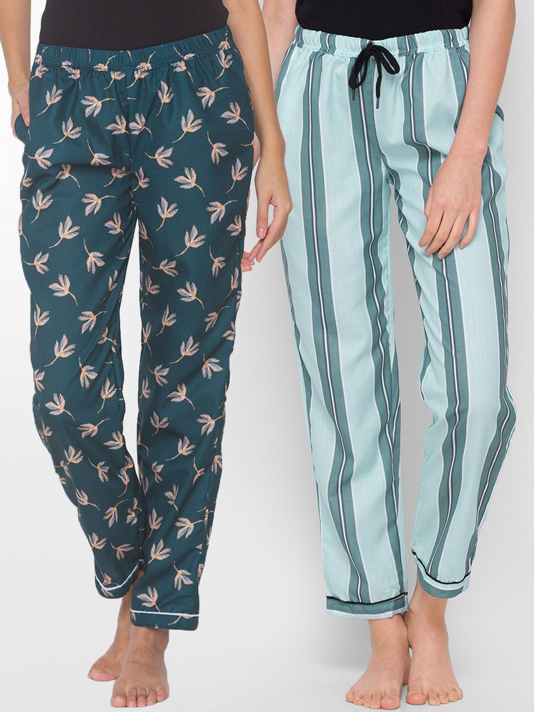 FashionRack Women Pack of 2 Teal Green & Turquoise Blue Printed Lounge Pants Price in India