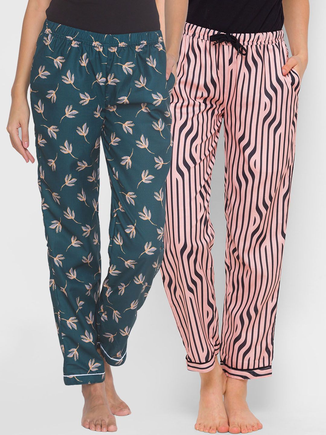 FashionRack Women Pack Of 2 Flying Leaf Zebra Printed Cotton Lounge Pants Price in India