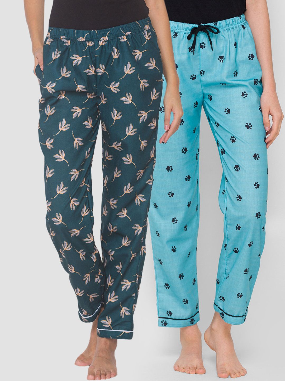 FashionRack Pack of 2 Green & Blue Printed Cotton Lounge Pants Price in India