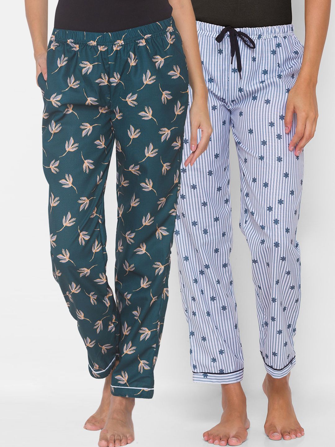 FashionRack Women Pack of 2 Teal Green & Grey Printed Lounge Pants Price in India