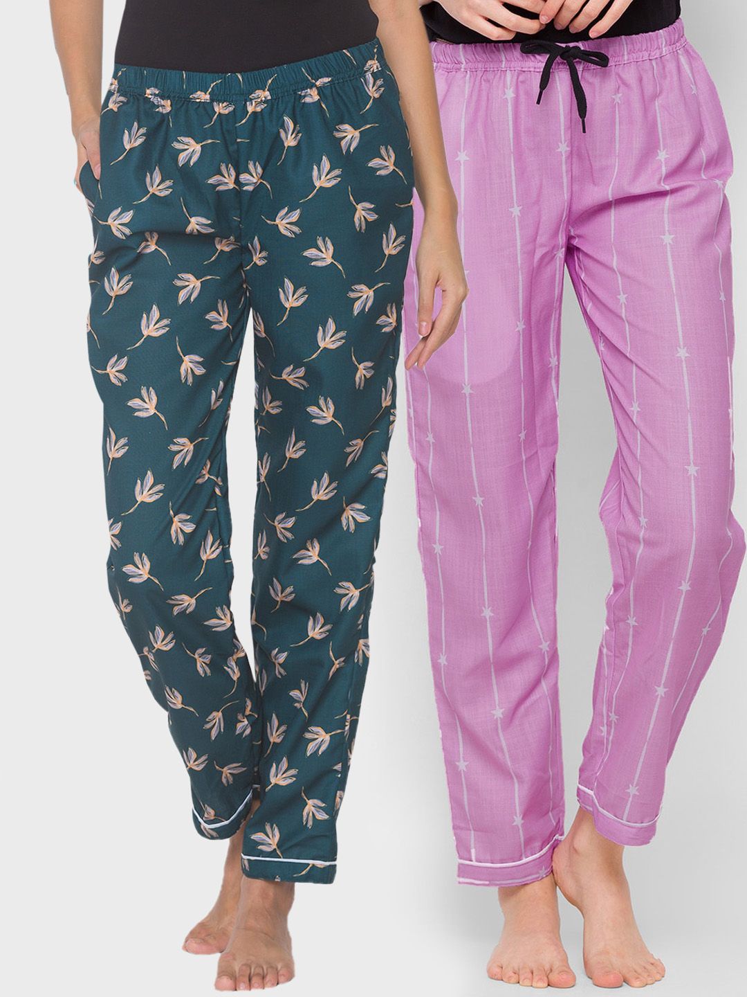 FashionRack Women Pack of 2 Teal Green & Purple Printed Lounge Pants Price in India