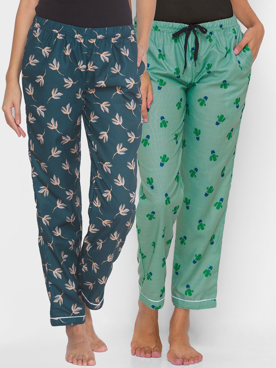 FashionRack Women Pack of 2 Green & Beige Printed Cotton Lounge Pants Price in India