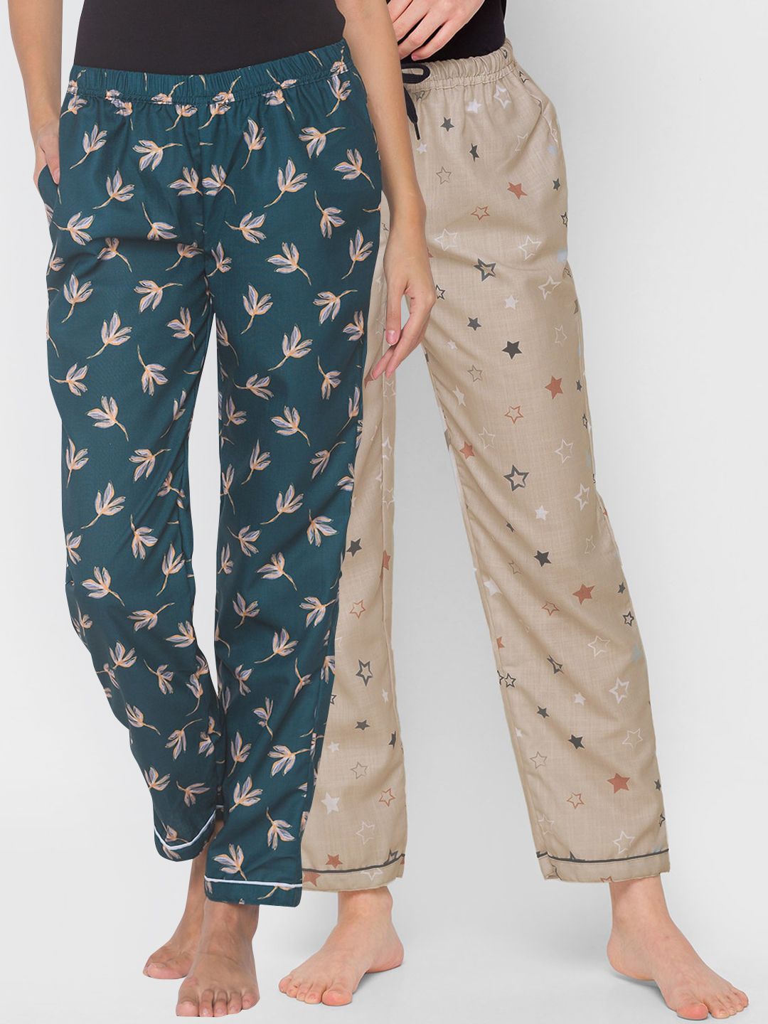 FashionRack Women Pack of 2 Teal Green & Beige Printed Lounge Pants Price in India