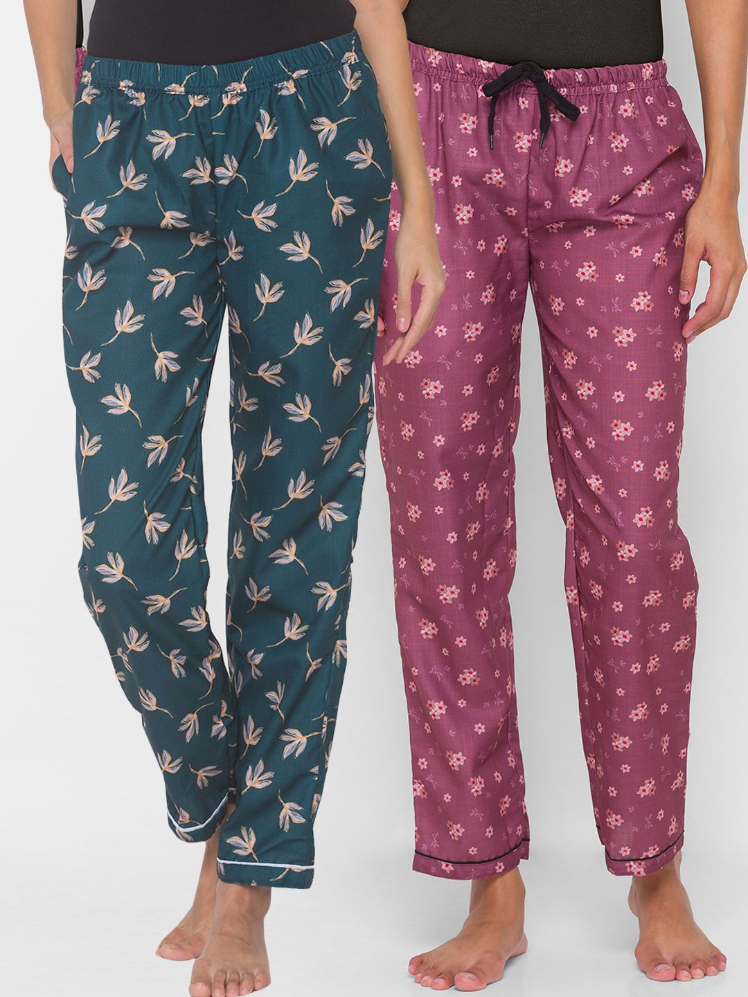 FashionRack Women Pack of 2 Green & Purple Printed Cotton Lounge Pants Price in India