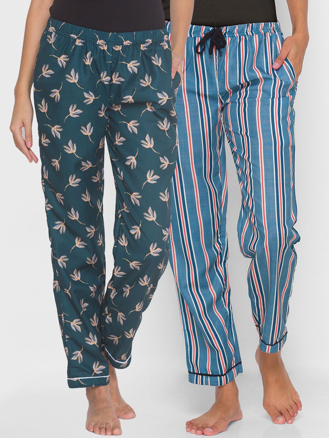 FashionRack Women Pack of 2 Green & Navy Blue Printed Cotton Lounge Pants Price in India