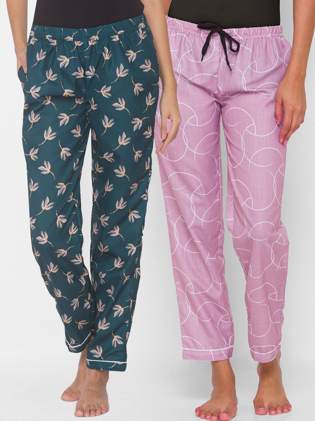 FashionRack Women Pack of 2 Green & Pink Printed Cotton Lounge Pants Price in India