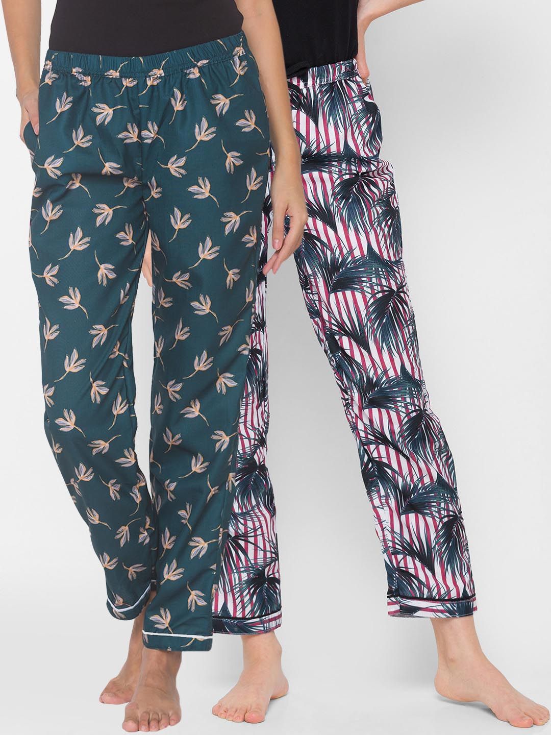 FashionRack Women Pack of 2 Green & Blue Printed Cotton Lounge Pants Price in India