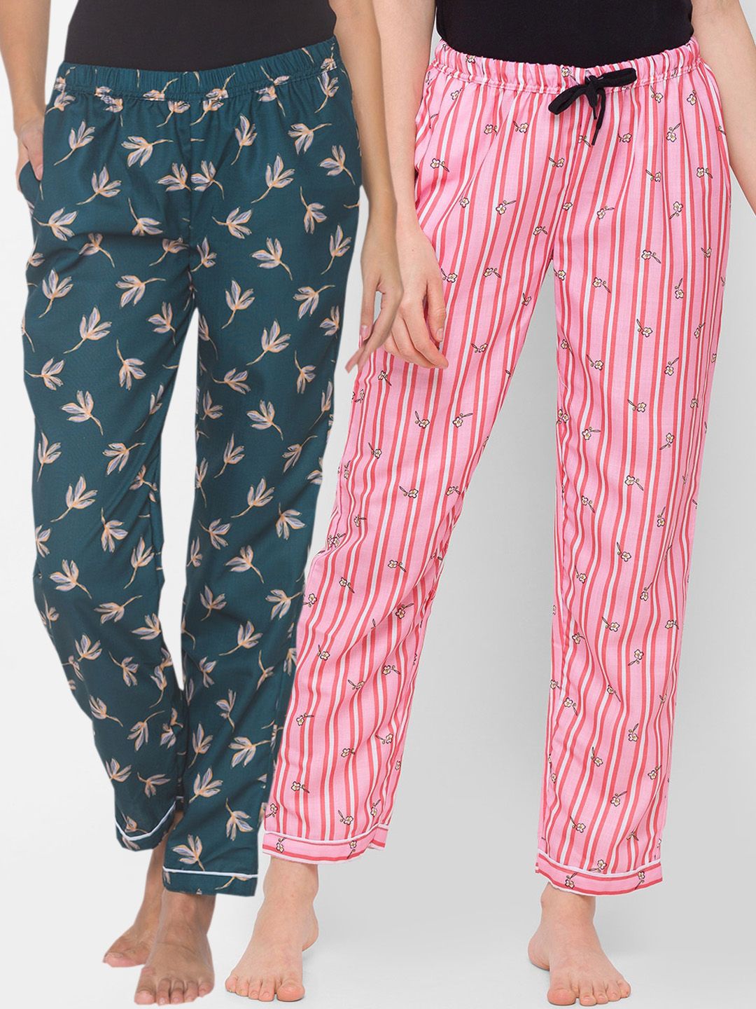 Fashion Rack Women Pack Of 2 Printed Stripe Tulips-Green-Pink Cotton Lounge Pants Price in India