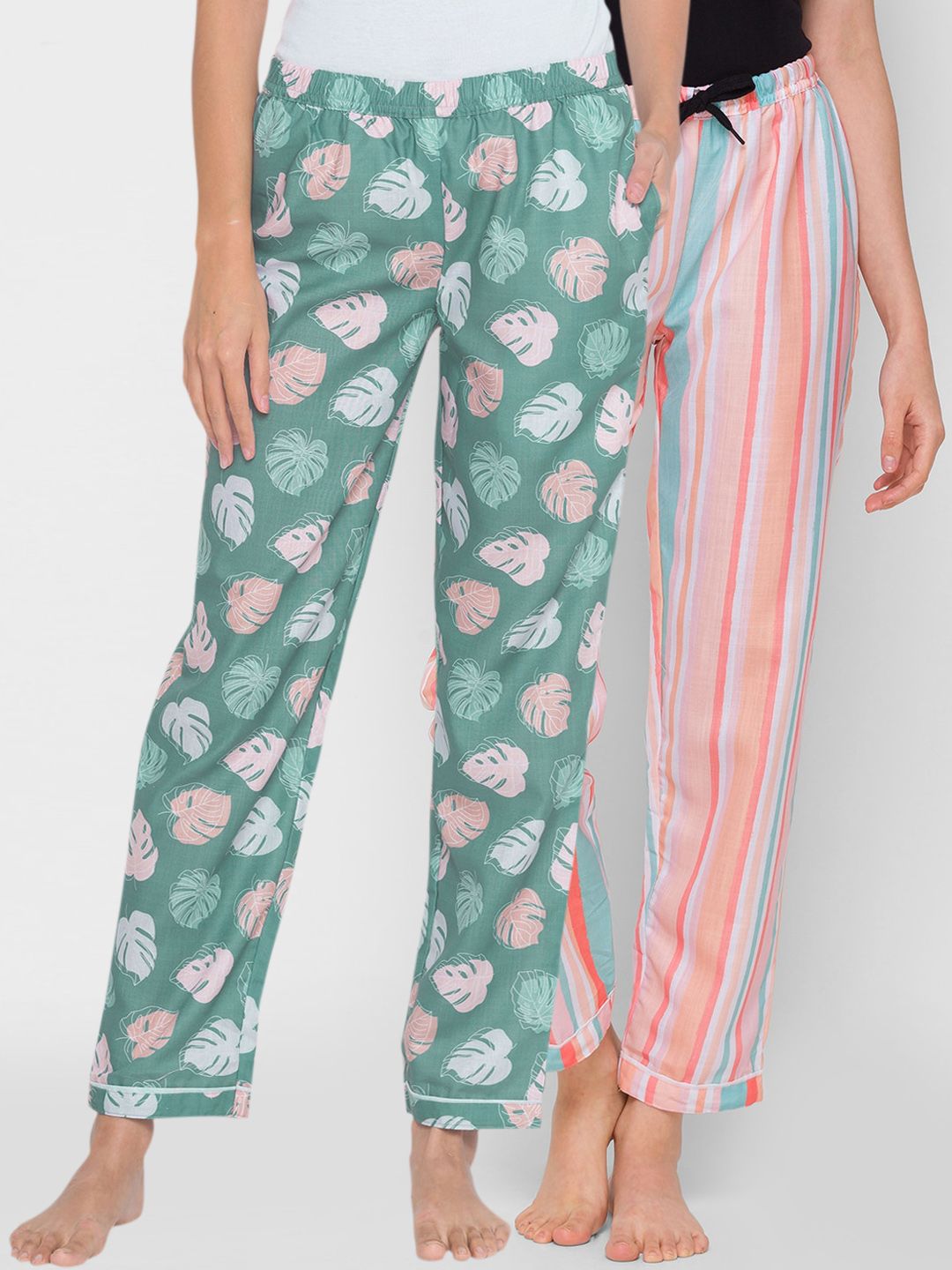 FashionRack Women Pack of 2 Green & Peach Printed Lounge Pants Price in India