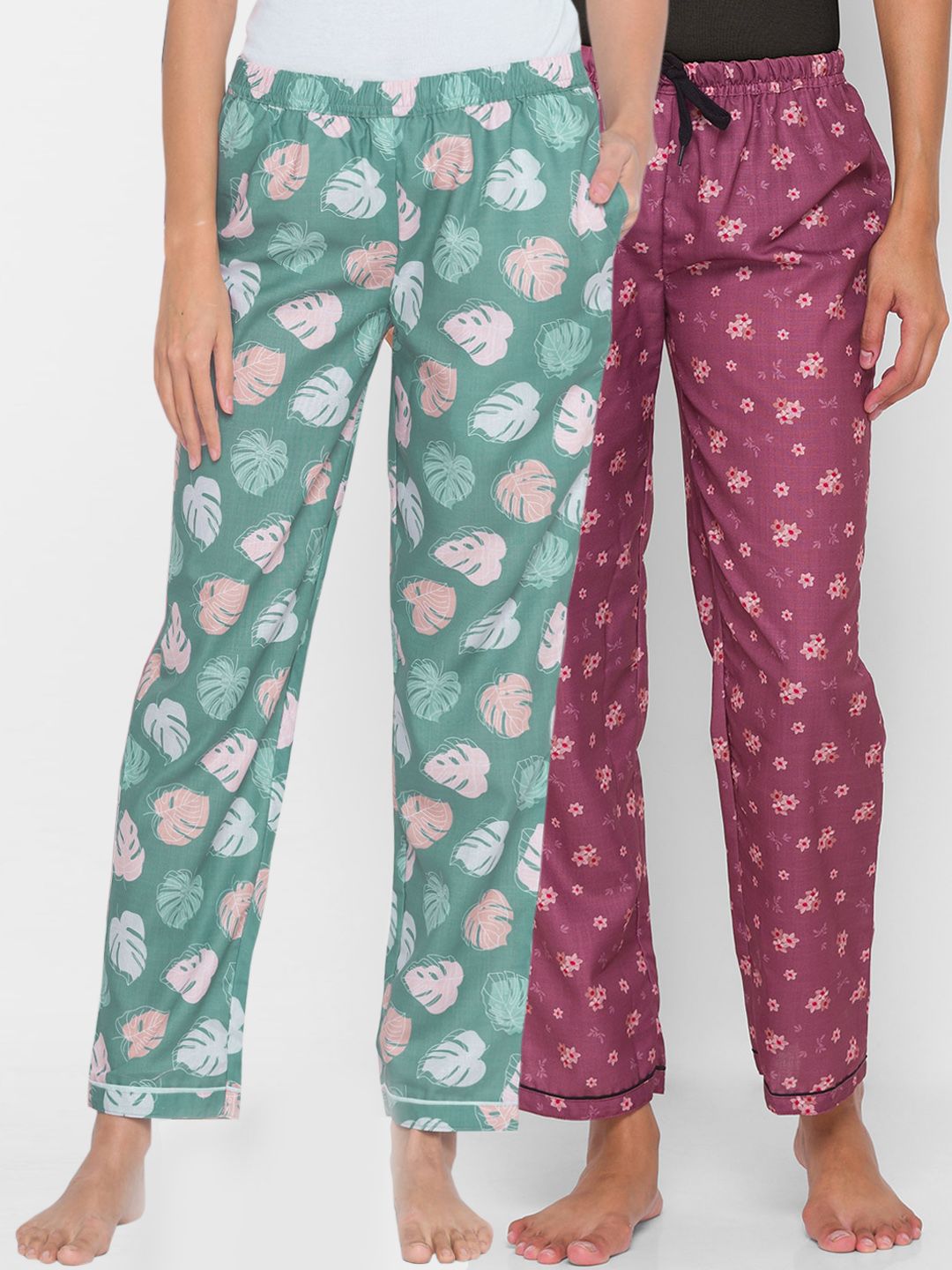 FashionRack Women Pack Of 2 Green & Purple Printed Cotton Lounge Pants Price in India