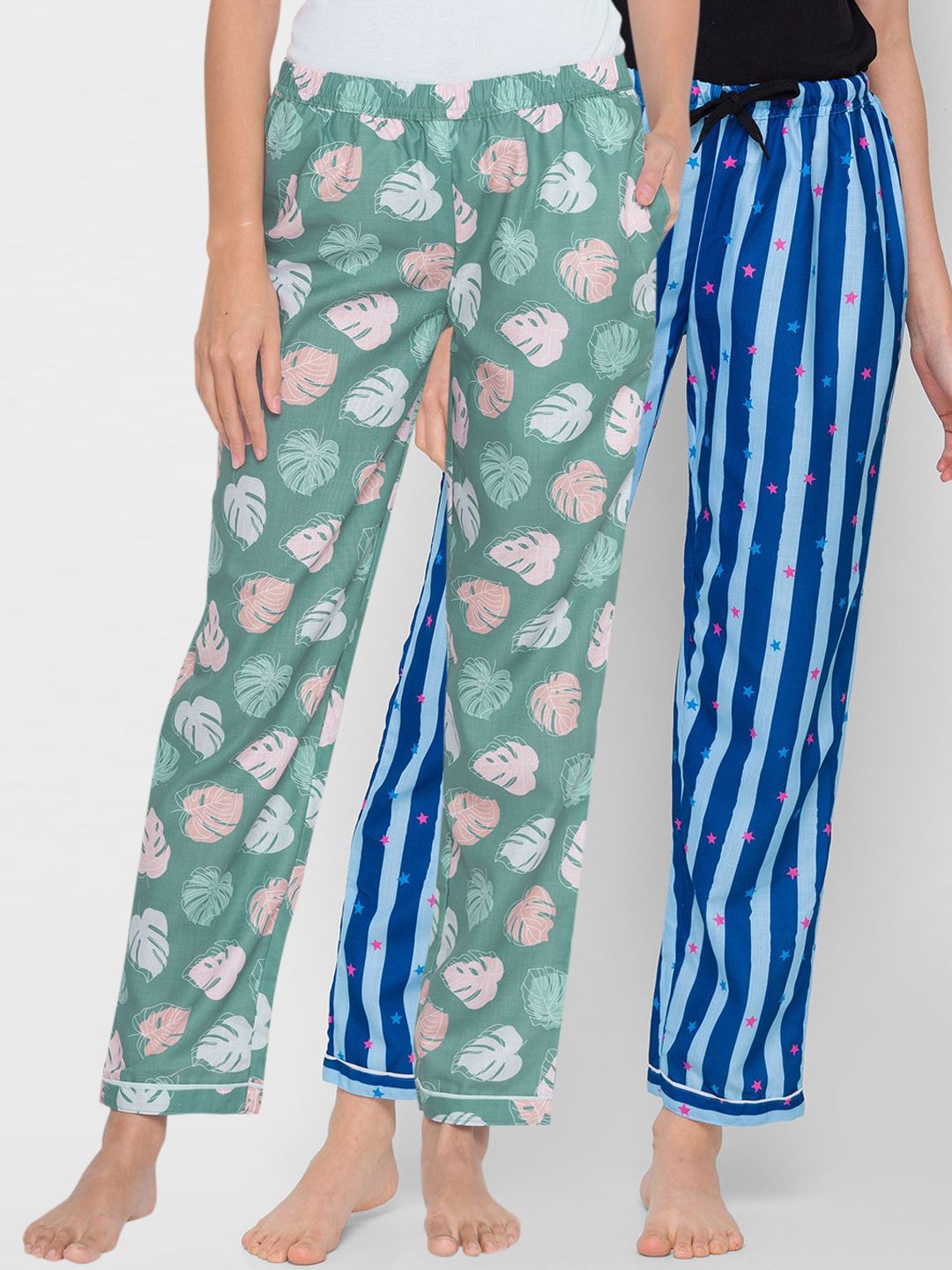 FashionRack Women Pack of 2 Green & Blue Printed Cotton Lounge Pants Price in India