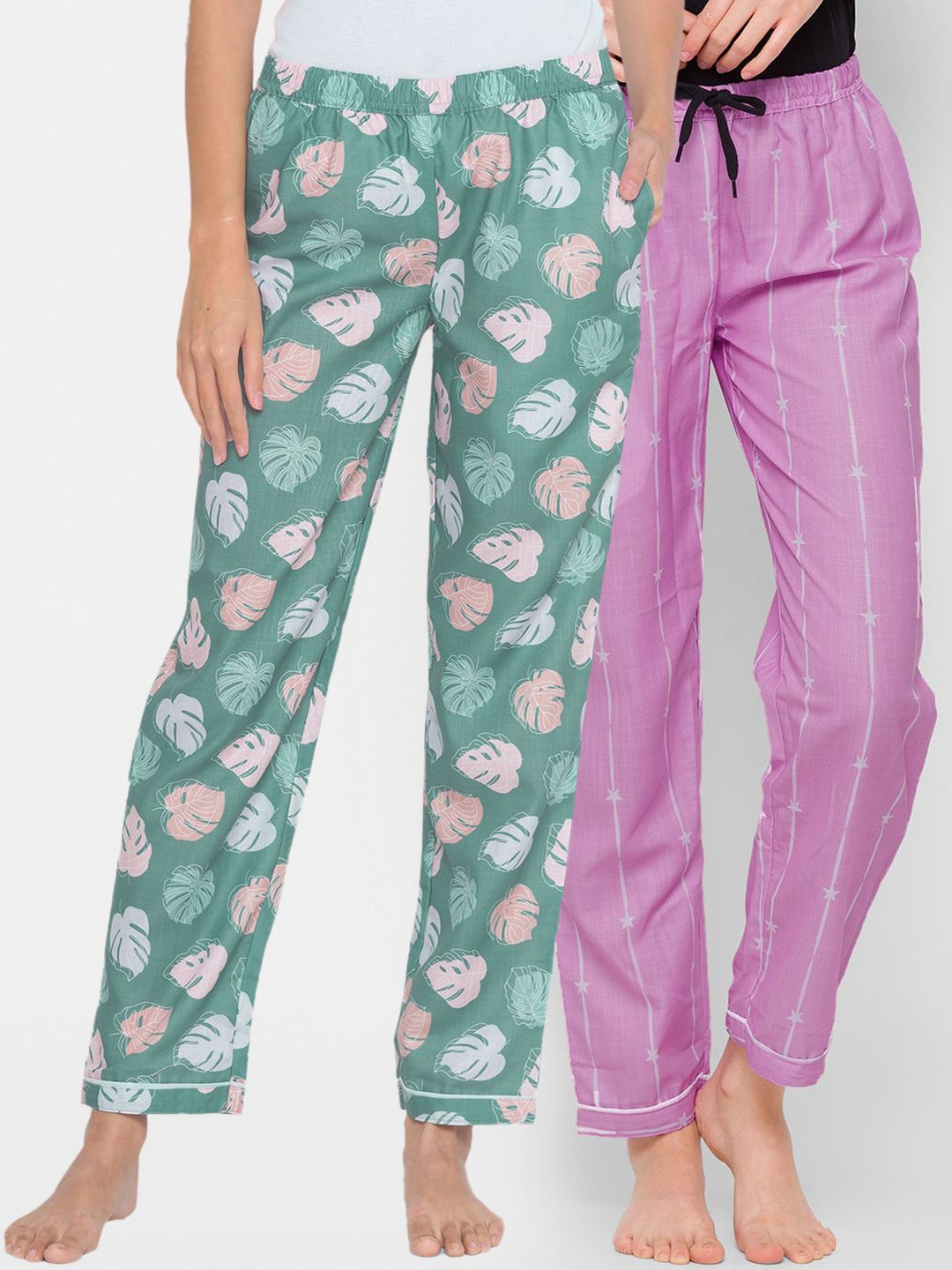 FashionRack Women Set of 2 Pink & Green Printed Cotton Lounge Pants Price in India