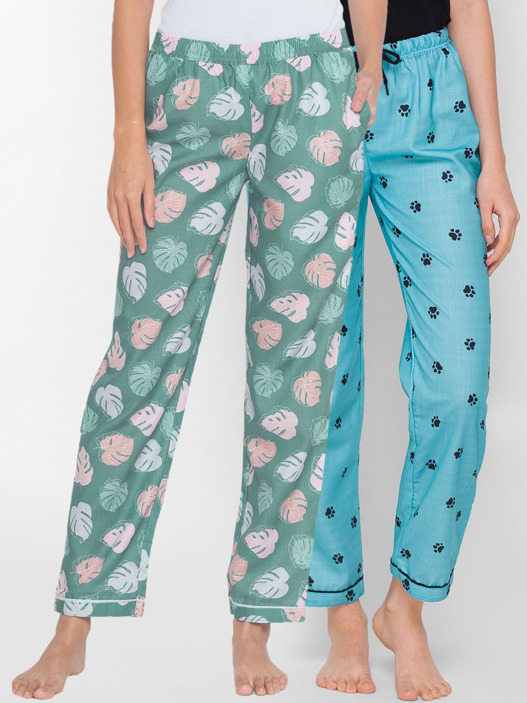 FashionRack Women Pack of 2 Green & Blue Printed Lounge Pants Price in India