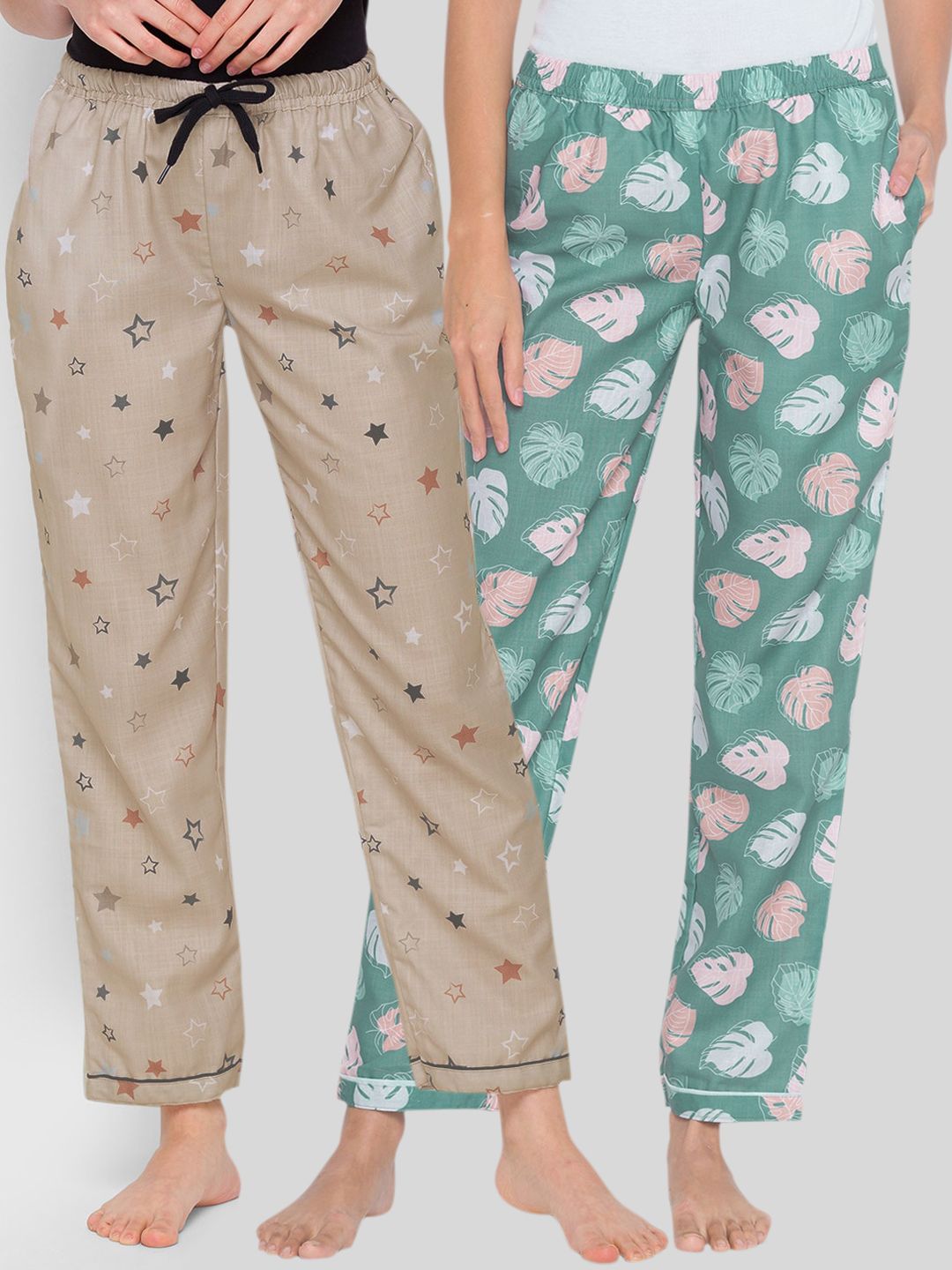 FashionRack Women Pack of 2 Green & Beige Printed Lounge Pants Price in India