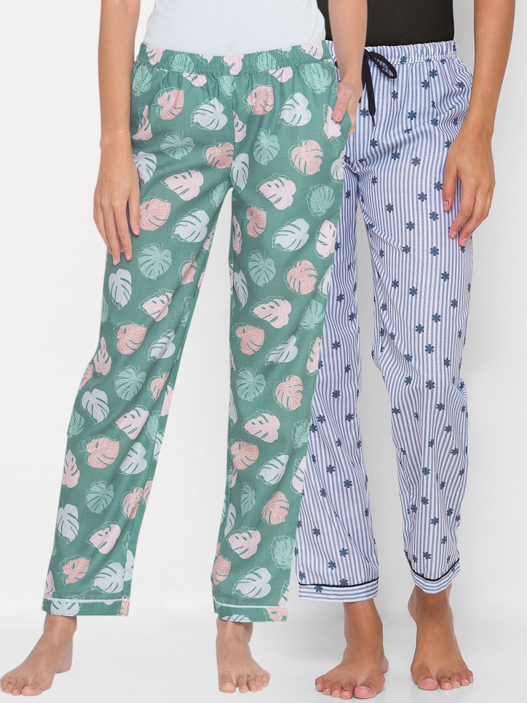 FashionRack Pack of 2 Women Green & Grey Printed Lounge Pants Price in India