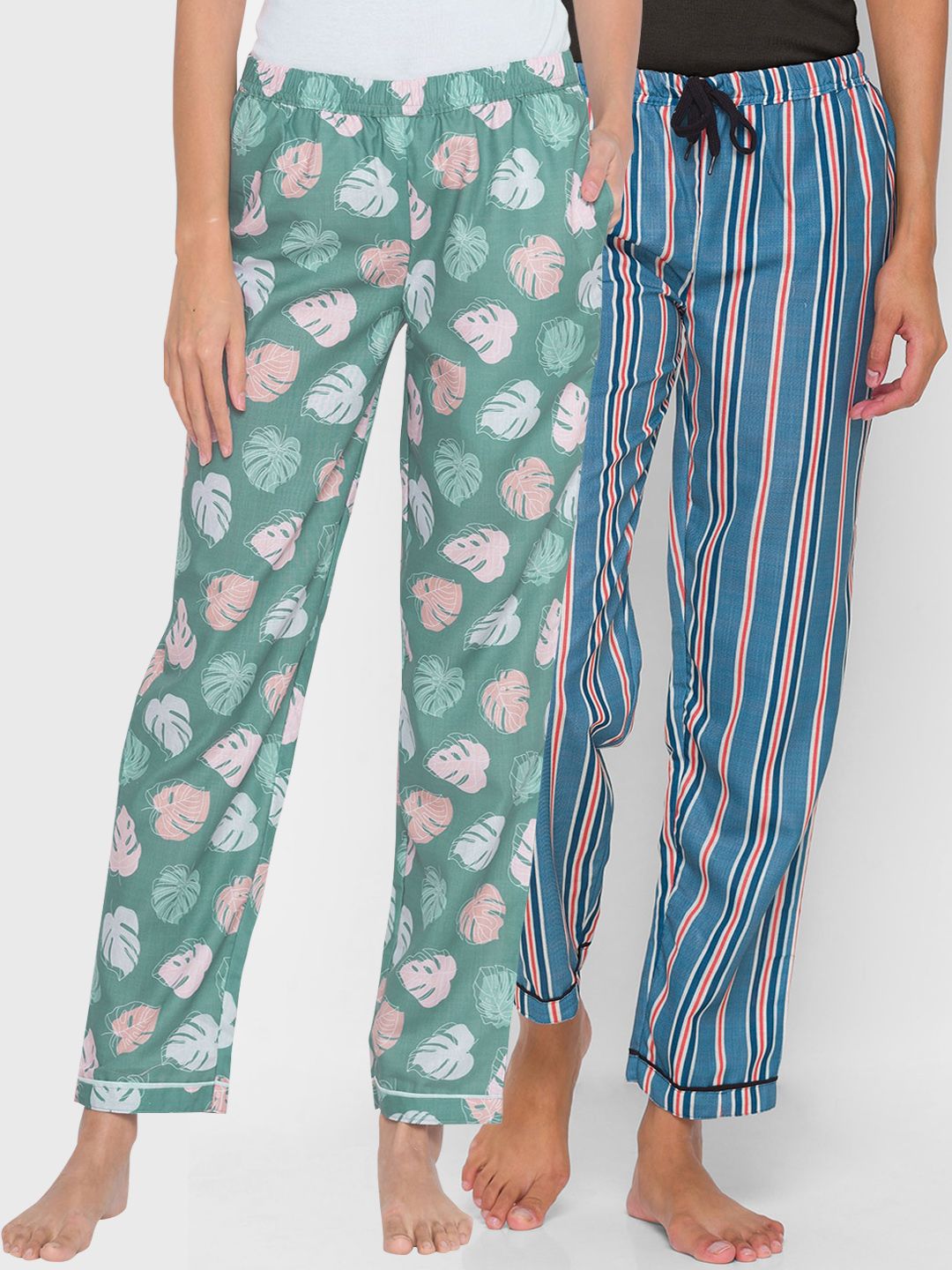 FashionRack Women Pack of 2 Green & Blue Printed Cotton Lounge Pants Price in India