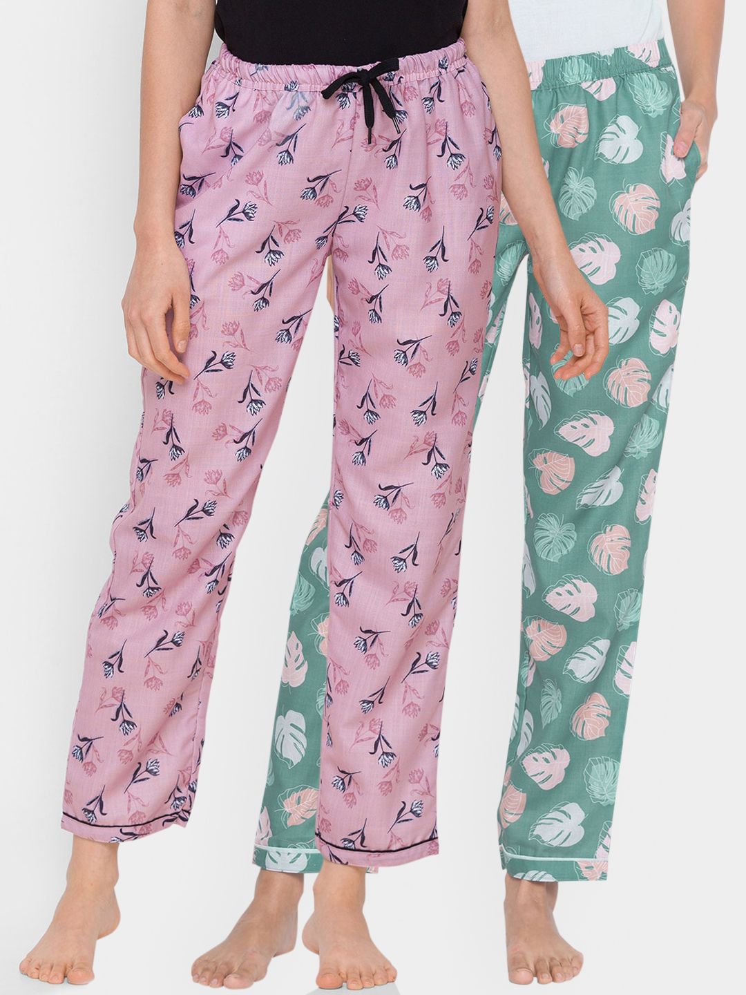 FashionRack Women Pack of 2 Green & Pink Printed Cotton Lounge Pants Price in India